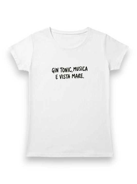 Balti marškinėliai „Gin Tonic“ Susy Mix baltame fone